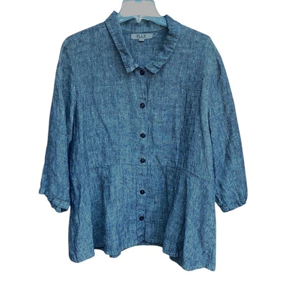 Flax Size Large L Dark Gray Button Down Linen Shirt Peplum Lagenlook Coastal - Picture 5 of 16